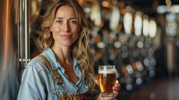 Confident female brewer holding a glass of beer in a brewery. photo