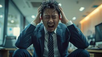 un hombre en un traje es sentado en el piso con su manos en su cabeza, mirando estresado y frustrado. foto