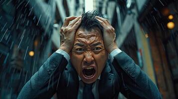 A man in a suit is standing in the rain, holding his head in his hands and screaming photo