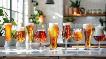 Craft beers in various glasses on bar counter. photo