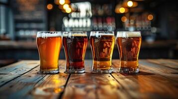 Craft beers on a wooden bar. photo
