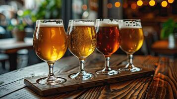 A wooden flight board with four full glasses of different beers. photo