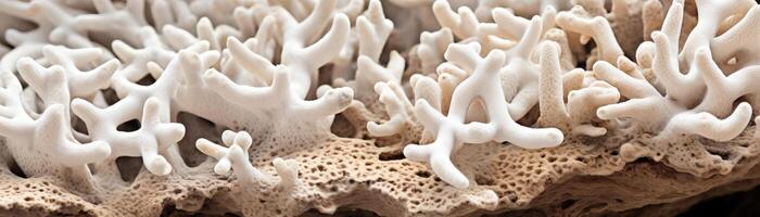 Macro shot of bleached and deteriorating coral structures in the Maldives, illustrating the dire state of coral reefs globally photo