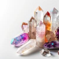 A cluster of colorful crystals on a white background photo
