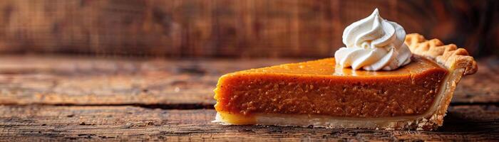 A close-up of a slice of pumpkin pie topped with a dollop of whipped cream, set against a rustic wooden table, ample space on the right for text. photo