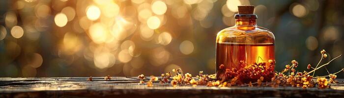 A close-up of an amber oil bottle's label, focusing on elegant typography and branding, set against a soft, textured background, providing a wide, panoramic space for text. photo