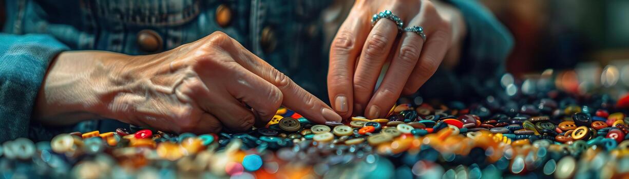 A close-up of a fashion designer's hand selecting buttons and embellishments from a curated collection, the texture and color in focus, set against a muted, stylish background, pro photo