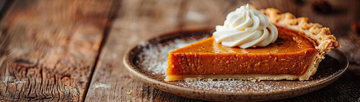 A close-up of a slice of pumpkin pie topped with a dollop of whipped cream, set against a rustic wooden table, ample space on the right for text. photo