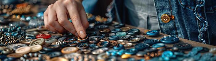 A close-up of a fashion designer's hand selecting buttons and embellishments from a curated collection, the texture and color in focus, set against a muted, stylish background, pro photo