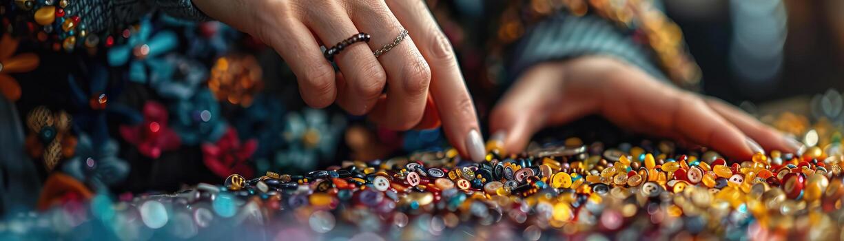 A close-up of a fashion designer's hand selecting buttons and embellishments from a curated collection, the texture and color in focus, set against a muted, stylish background, pro photo