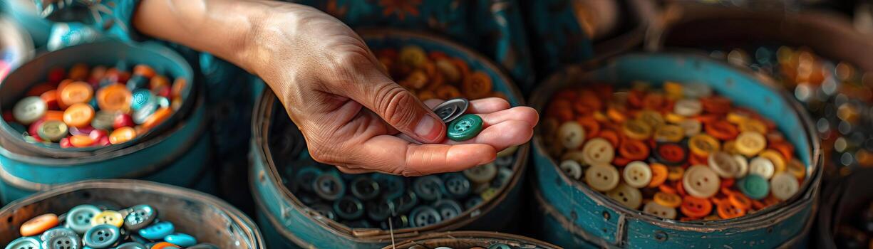 A close-up of a fashion designer's hand selecting buttons and embellishments from a curated collection, the texture and color in focus, set against a muted, stylish background, pro photo