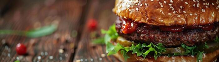 A close-up top view of a beef burger with all the fixings, focus on the juicy patty, set against a muted, contemporary background, providing a wide, panoramic space for text. photo