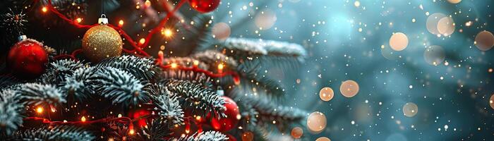A close-up top view of a Christmas tree adorned with red and gold garland lights, focus on the lights' reflection on the snow, providing a wide, panoramic space for text. photo