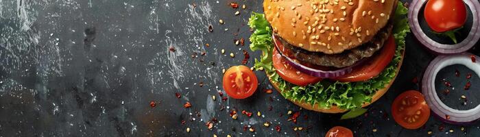 A close-up top view of a beef burger with all the fixings, focus on the juicy patty, set against a muted, contemporary background, providing a wide, panoramic space for text. photo