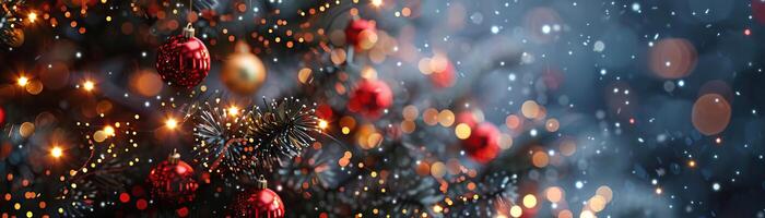 A close-up top view of a Christmas tree adorned with red and gold garland lights, focus on the lights' reflection on the snow, providing a wide, panoramic space for text. photo