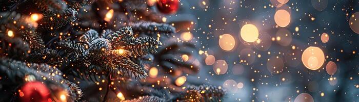 A close-up top view of a Christmas tree adorned with red and gold garland lights, focus on the lights' reflection on the snow, providing a wide, panoramic space for text. photo