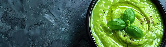 A close-up top view of a bowl of creamy avocado soup, vibrant green color in focus, set against a muted, contemporary background, providing a wide, panoramic space for text. photo