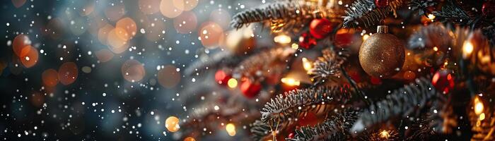 A close-up top view of a Christmas tree adorned with red and gold garland lights, focus on the lights' reflection on the snow, providing a wide, panoramic space for text. photo
