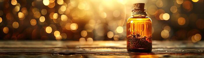 A close-up of an amber oil bottle's label, focusing on elegant typography and branding, set against a soft, textured background, providing a wide, panoramic space for text. photo