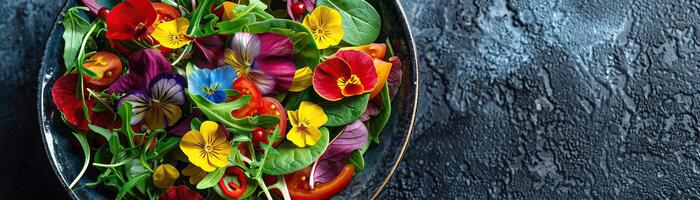 A close-up top view of a colorful salad bowl with edible flowers, the fresh ingredients vibrant and inviting, set against a muted, contemporary background, providing a wide, panora photo