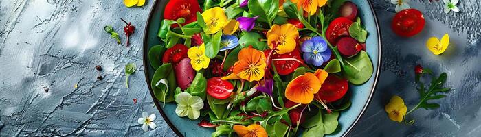 A close-up top view of a colorful salad bowl with edible flowers, the fresh ingredients vibrant and inviting, set against a muted, contemporary background, providing a wide, panora photo