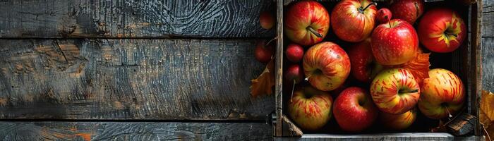 un de cerca parte superior ver de un Clásico de madera caja lleno con manzanas y pequeño calabazas, atención en el texturas de el madera y el Fresco producir, conjunto en contra un apagado, contemporáneo backgr foto