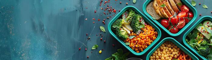 A close-up top view of lunchboxes with low-carb meals, the focus on colorful vegetables and lean proteins, set against a muted, contemporary teal table, providing a wide, panoramic photo