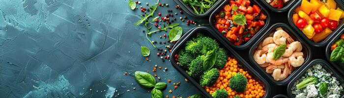 A close-up top view of lunchboxes with low-carb meals, the focus on colorful vegetables and lean proteins, set against a muted, contemporary teal table, providing a wide, panoramic photo