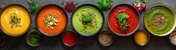 A contemporary, clean setup with an array of vegetable cream soups in geometric bowls, set against a sleek, grey background, wide space above for editorial content. photo