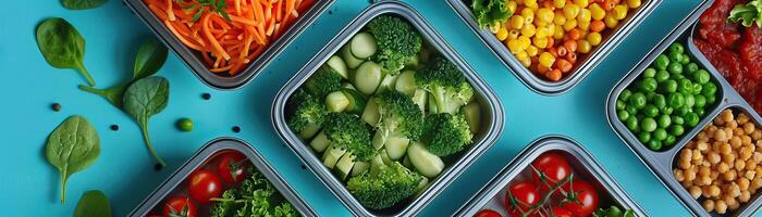 A close-up top view of lunchboxes with low-carb meals, the focus on colorful vegetables and lean proteins, set against a muted, contemporary teal table, providing a wide, panoramic photo