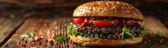 A cozy, natural light scene with a beef burger on a vintage wooden table, soft light casting a warm glow, panoramic copy space at the top. photo