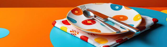 A dynamic angle capturing a casual brunch setting, plate, knife, and fork on a patterned napkin, vibrant colors in focus, set against a clean, minimalist background, wide space on photo