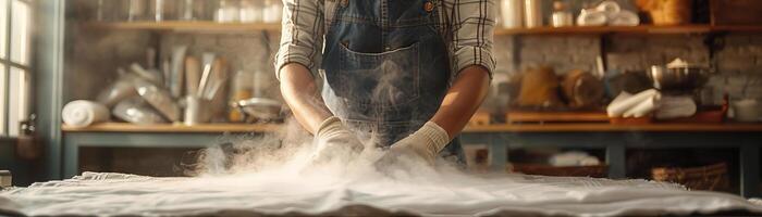 A detailed shot of a designer ironing a piece of fabric on an ironing board, focusing on the steam and the fabric's texture, set against a clean, neutral backdrop, extensive space photo