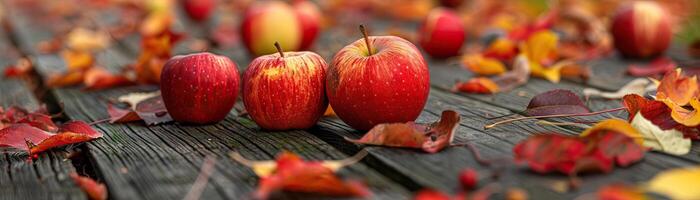 A dynamic angle capturing a festive scene of apples, pumpkins, and autumn leaves spread across a weathered wooden deck, vibrant colors in focus, set against a clean, minimalist bac photo