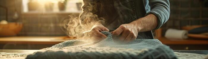 A detailed shot of a designer ironing a piece of fabric on an ironing board, focusing on the steam and the fabric's texture, set against a clean, neutral backdrop, extensive space photo