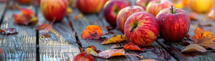 A dynamic angle capturing a festive scene of apples, pumpkins, and autumn leaves spread across a weathered wooden deck, vibrant colors in focus, set against a clean, minimalist bac photo