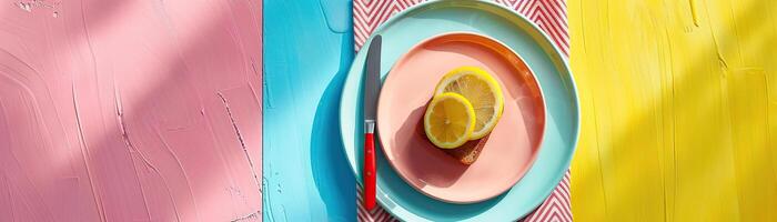 A dynamic angle capturing a casual brunch setting, plate, knife, and fork on a patterned napkin, vibrant colors in focus, set against a clean, minimalist background, wide space on photo