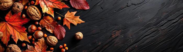 A dynamic angle capturing the rich array of fall colors in leaves and nuts arranged in a corner on a deep ebony wood table, vibrant textures in focus, set against a clean, minimali photo