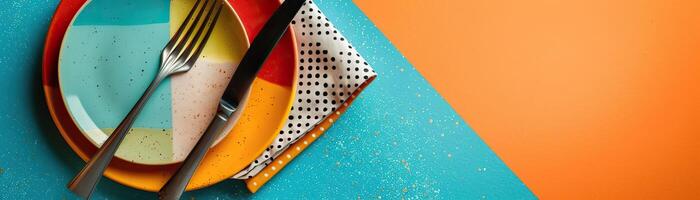 A dynamic angle capturing a casual brunch setting, plate, knife, and fork on a patterned napkin, vibrant colors in focus, set against a clean, minimalist background, wide space on photo