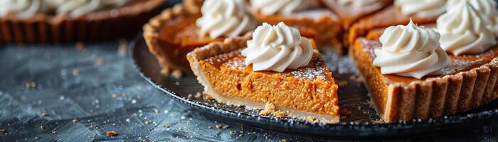 A contemporary, clean setup with slices of pumpkin pie, each piece topped with a perfect swirl of whipped cream, set against a sleek, grey background, wide space above for editoria photo