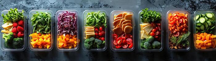 A contemporary, clean setup with a line of minimalist lunchboxes containing fresh salads and sandwiches, set against a sleek, grey table, wide space above for editorial content. photo