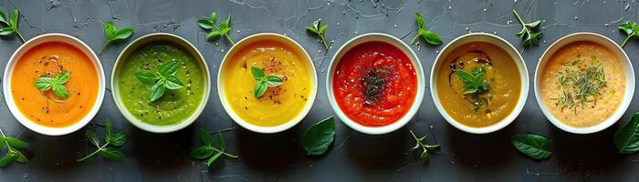 A contemporary, clean setup with an array of vegetable cream soups in geometric bowls, set against a sleek, grey background, wide space above for editorial content. photo