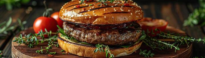 A contemporary, clean setup with a beef burger on a minimalist wooden plate, fresh herbs around, set against a sleek, grey background, wide space above for editorial content. photo