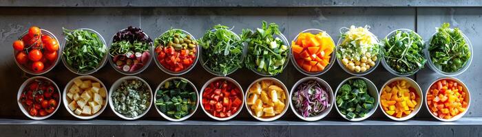 A contemporary, clean setup with a line of minimalist lunchboxes containing fresh salads and sandwiches, set against a sleek, grey table, wide space above for editorial content. photo