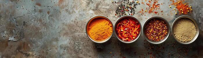 A contemporary setup of minimalist cups holding vibrant chili flakes, mustard seeds, and cumin, set on a polished concrete slab, ambient light enhancing the textures, ample space a photo