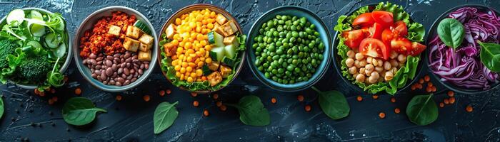 A contemporary, clean setup with a selection of protein bowls featuring legumes and tofu, set against a sleek, grey background, wide space above for editorial content. photo