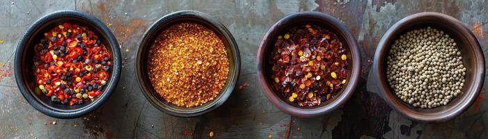 A contemporary setup of minimalist cups holding vibrant chili flakes, mustard seeds, and cumin, set on a polished concrete slab, ambient light enhancing the textures, ample space a photo