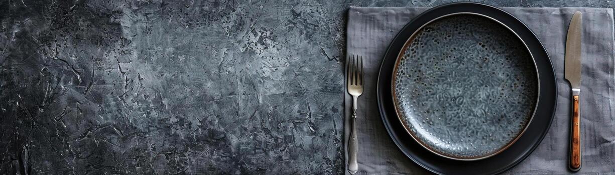 A contemporary, clean setup with a plate, knife, and fork on a minimalist grey napkin, set against a sleek, grey background, wide space above for editorial content. photo