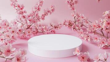 flat lay top view of white round podium for product empty mockup pink pastel background pink flowers photo