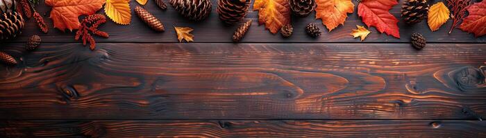 A contemporary setup of a stylized corner border with vibrant fall leaves and elegant pine cones on a polished dark wood surface, ambient light highlighting the arrangement, ample photo